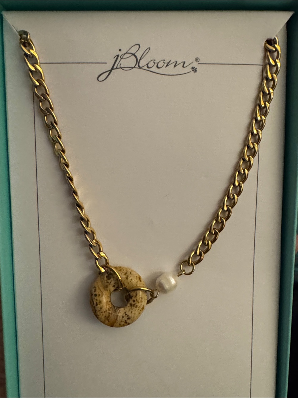 bloom Jasper Gold Chain Necklace with Beige Stone Donut and White Pearl Accent